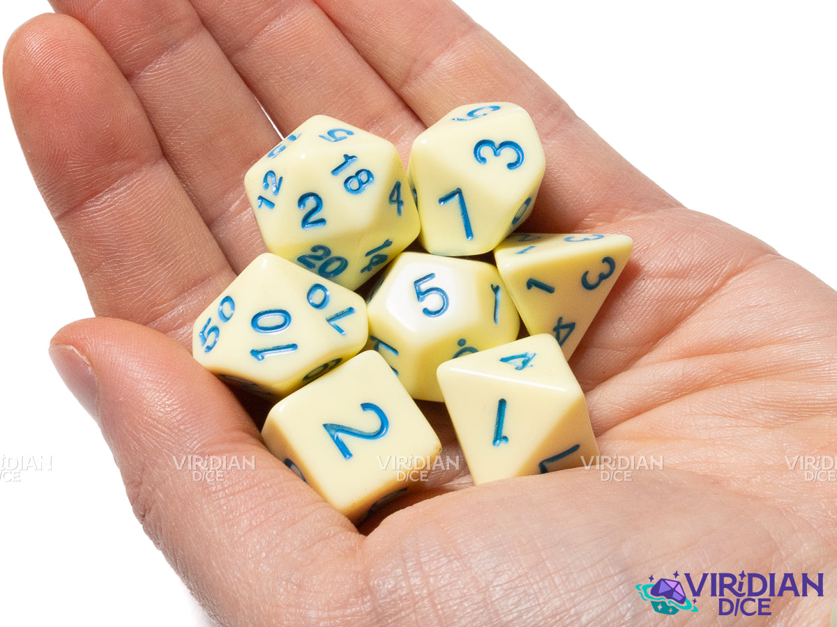 Yellow Pastel Acrylic Dice Set (7) with Blue Numbers for DnD