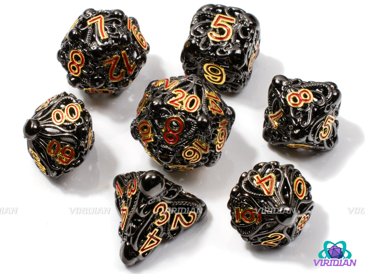 Black Kraken | Oversized Hollow, Shiny Black-Grey, Red/Gold Ink, Cthulhu Squid Octopus Design | Metal Dice Set (7) Black Kraken | Oversized Hollow, Shiny Black-Grey, Red/Gold Ink, Cthulhu Squid Octopus Design | Metal Dice Set (7)