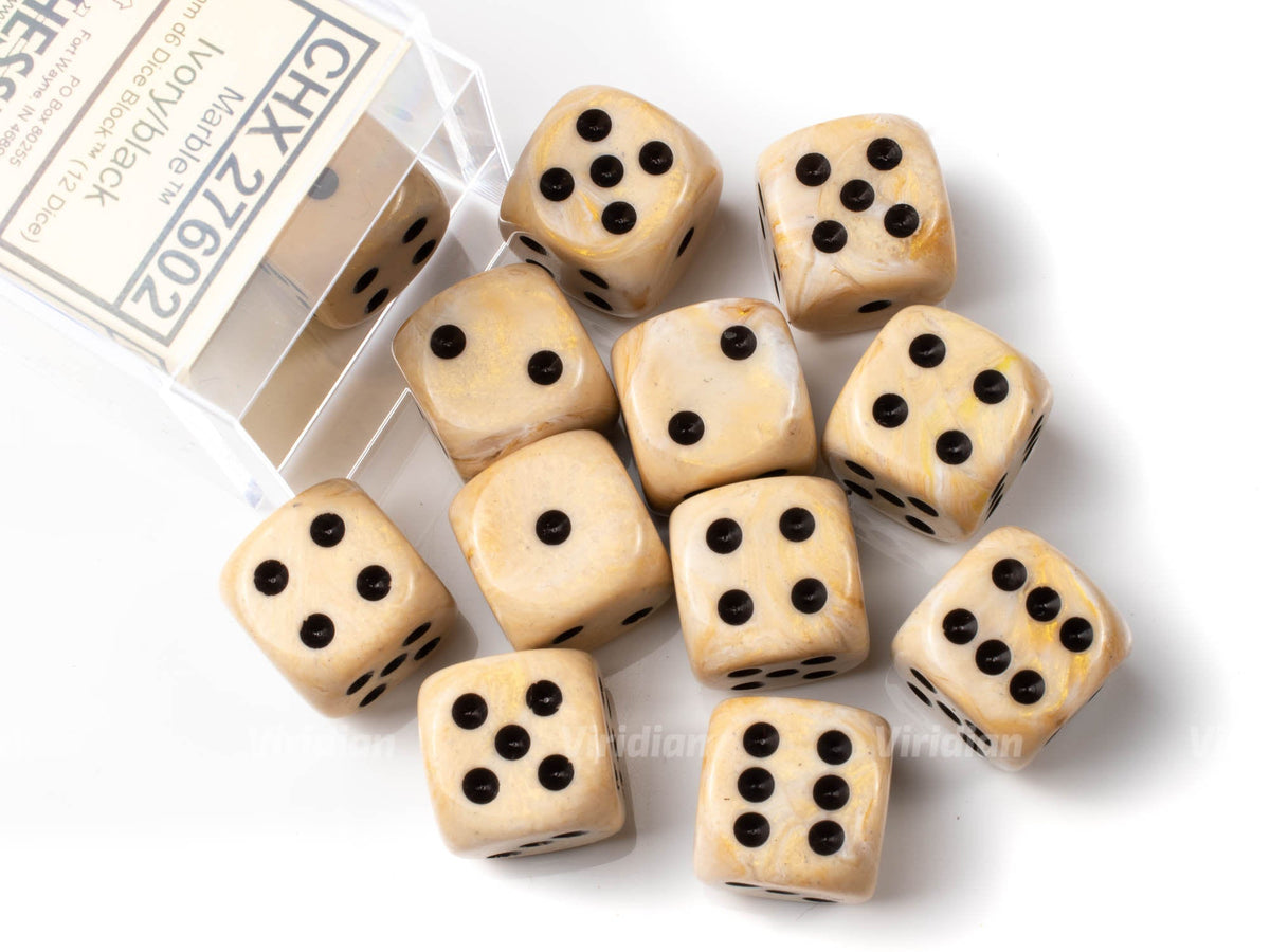 Marble Ivory & Black | D6 Block | Chessex Dice (12) – Viridian Dice