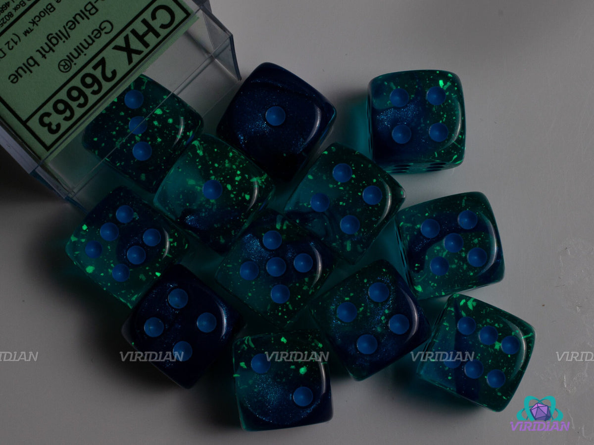 Gemini Blue & Light Blue Luminary | D6 Block | Chessex Dice (12