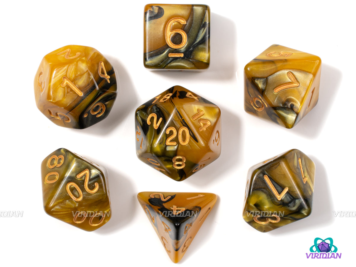 Honeycomb | Yellow & Black Swirled Acrylic Dice Set (7) | Dungeons