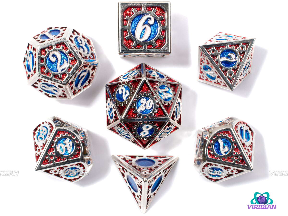 Super Gears | Red, Blue and Silver Metal Dice Set (7) | Dungeons