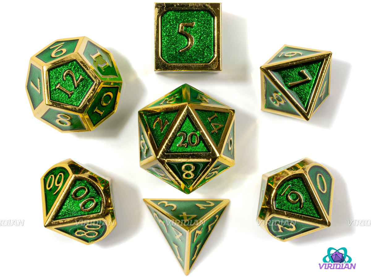 Ranger's Hood | Green & Gold Metal Dice Set (7) | Dungeons and