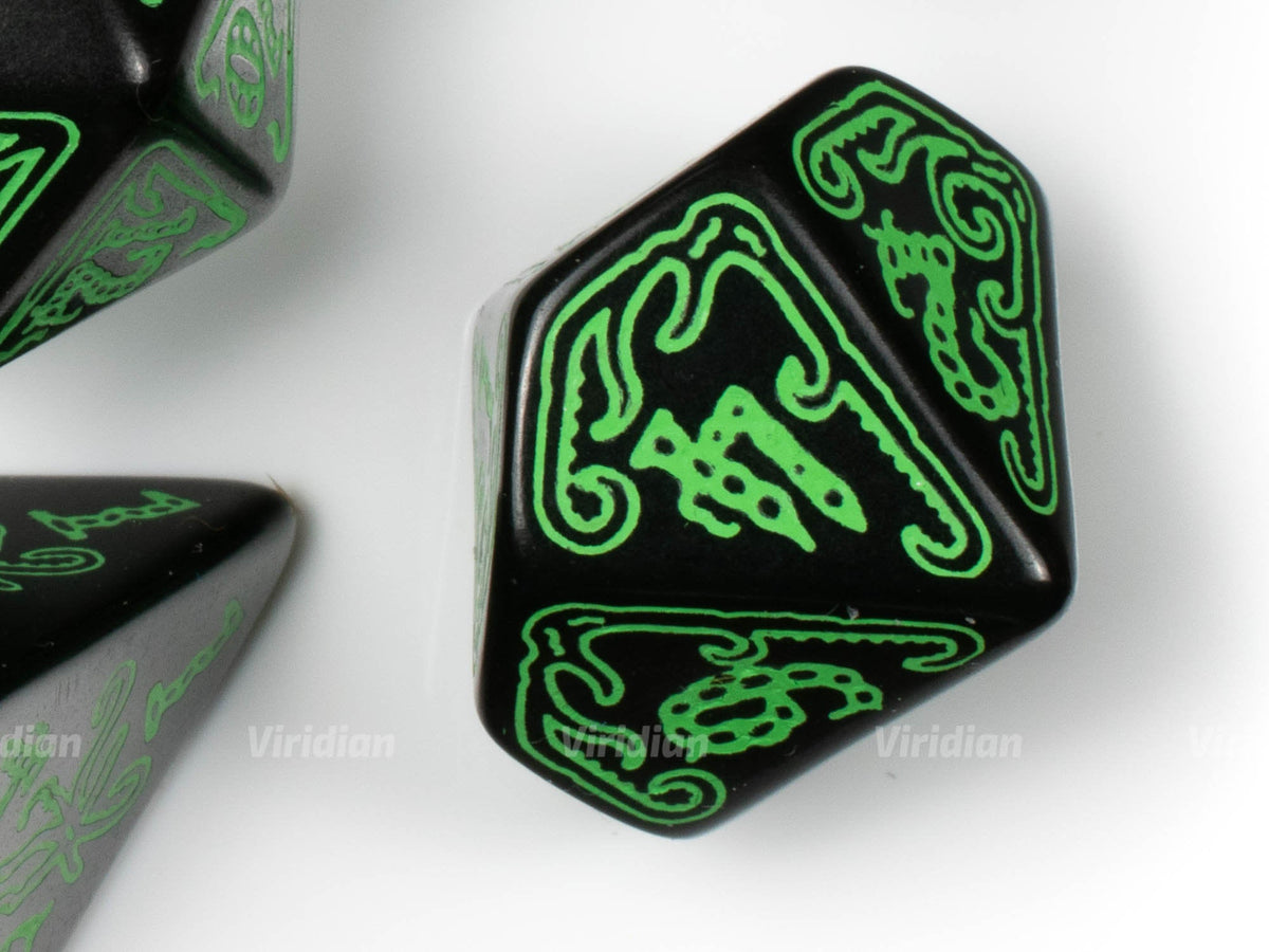 Earth Dawn Q-Workshop Green Black Dice Set of 7 D4 D6 D8 hot D10 D12 D20 D100