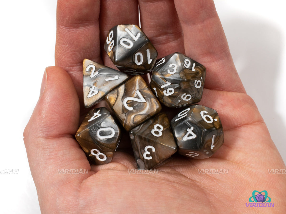 Mined Ore | Grey, Gold & Silver Swirled Acrylic Dice Set (7
