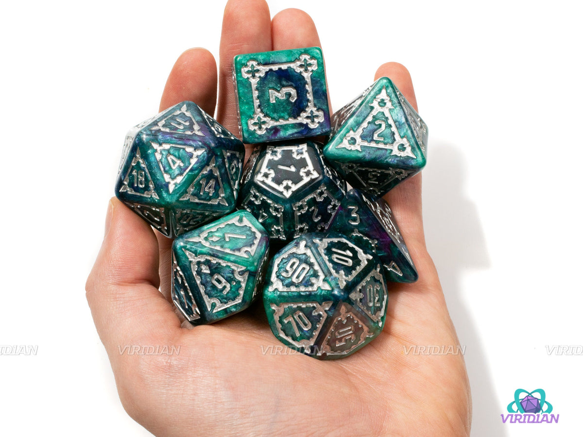 Turquoise Tower | Giant Teal/Blue & Green Castle Resin Dice Set (7