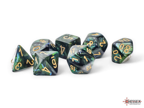 Mega-Hedral Scarab Jade/Gold | 22-28mm Giant Dark Green, Gold Ink | Acrylic Dice Set (7)