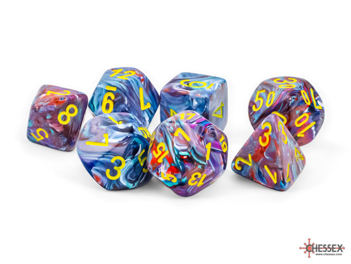 Mega-Hedral Festive Mosaic/Yellow (Black Light Reactive) | 22-28mm Giant Blue, Purple, Red Swirls, Glow In The Dark | Acrylic Dice Set (7)