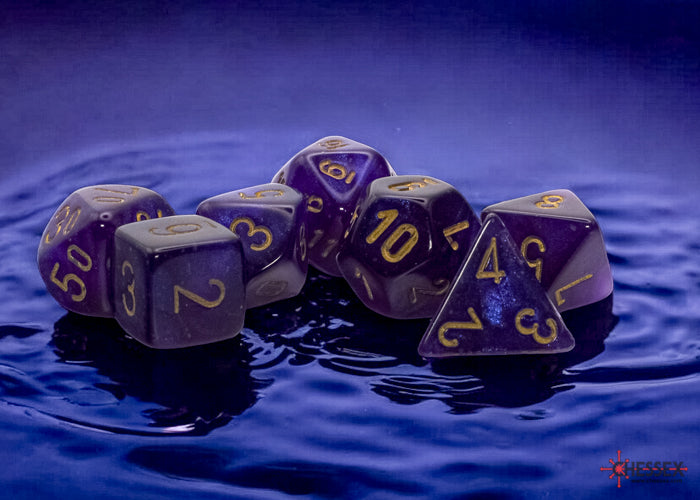 Mega-Hedral Borealis Royal Purple/Gold (Luminary) | 22-28mm Giant Glittery Purple, Glow In The Dark | Acrylic Dice Set (7)