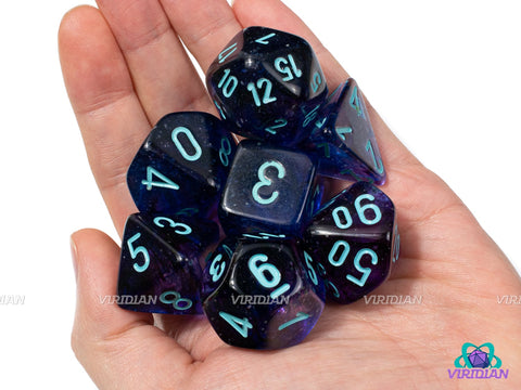 Mega-Hedral Nebula Nocturnal/Turquoise | 22-28mm Giant Purple & Blue Nebulous Swirls, Luminary Effect | Acrylic Dice Set (7)