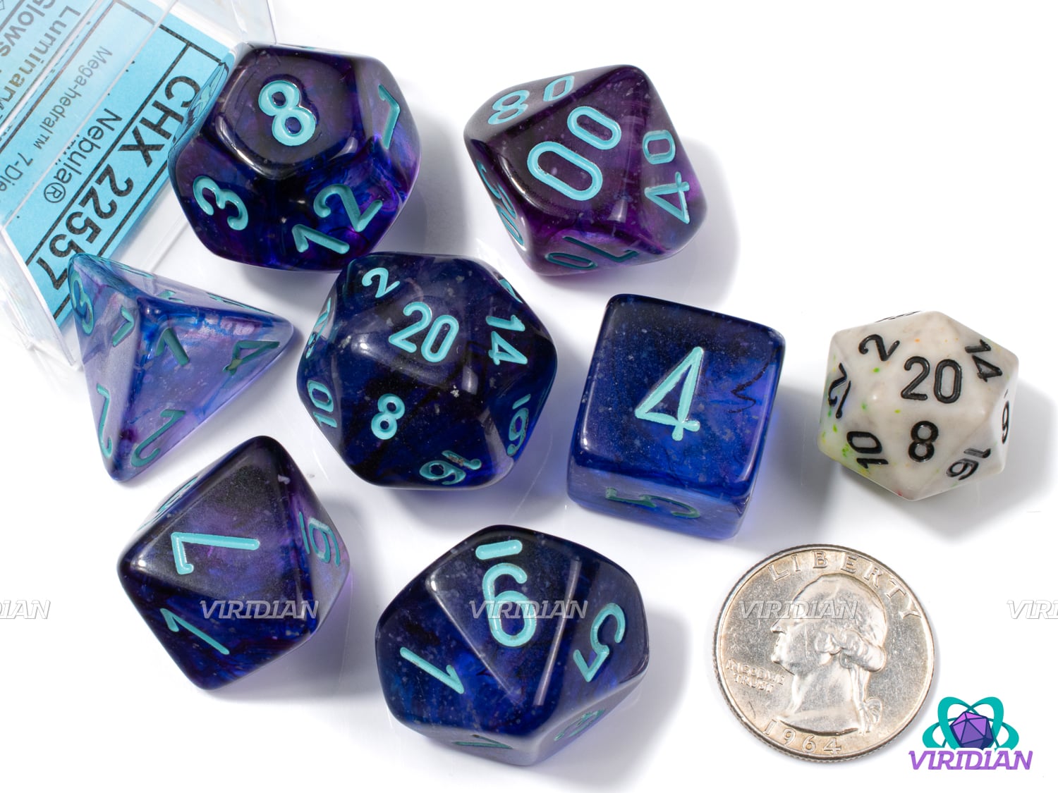 Mega-Hedral Nebula Nocturnal/Turquoise | 22-28mm Giant Purple & Blue Nebulous Swirls, Luminary Effect | Acrylic Dice Set (7)