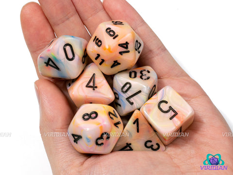 Mega-Hedral Festive Circus & Black | 22-28mm Giant Tan & Multicolor Swirls | Acrylic Dice Set (7)