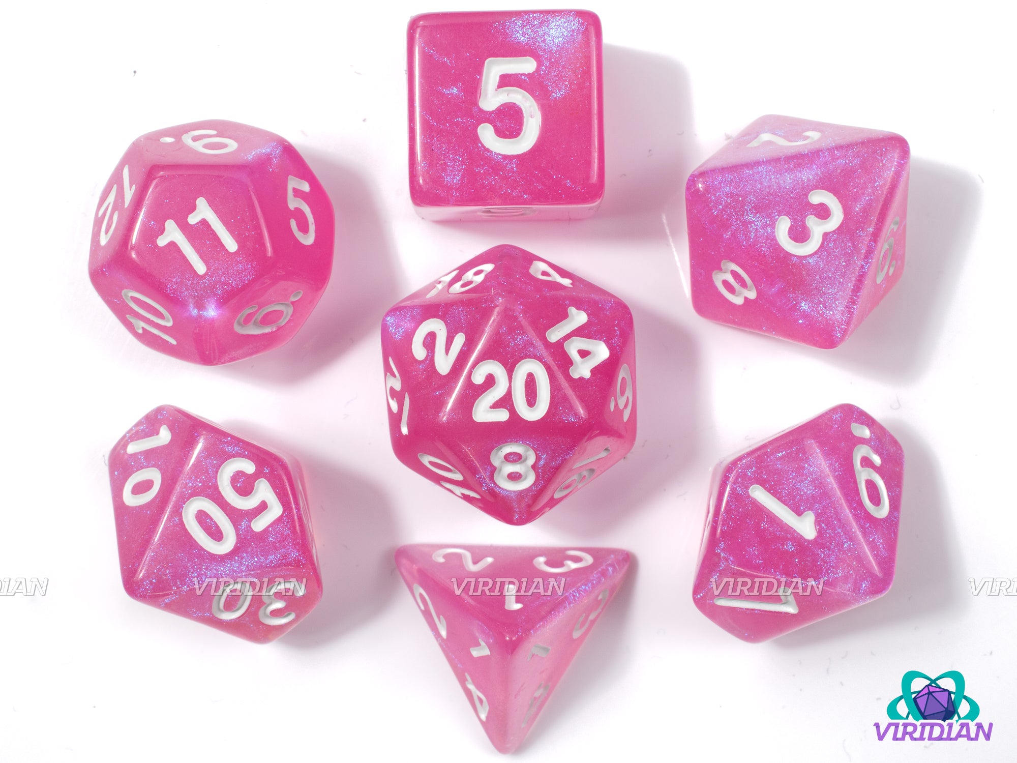 Bubblegum | Pink Shimmery Acrylic Dice Set (7) | Dungeons and Dragons (DnD)