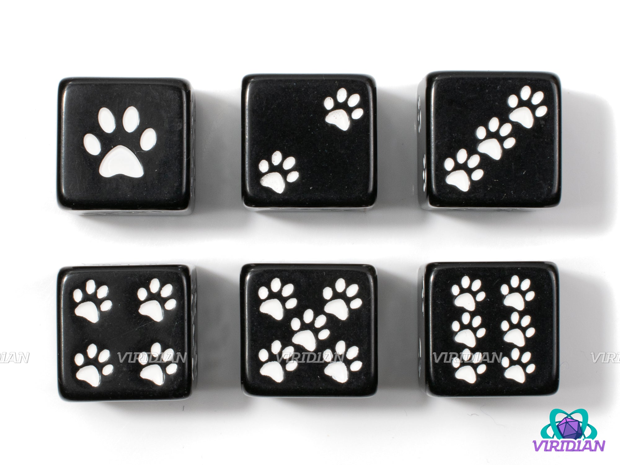 Pawprint Pips (Set of 6) | White or Black, Pawprints, Cat/Dog/Animal | Acrylic D6s (6)