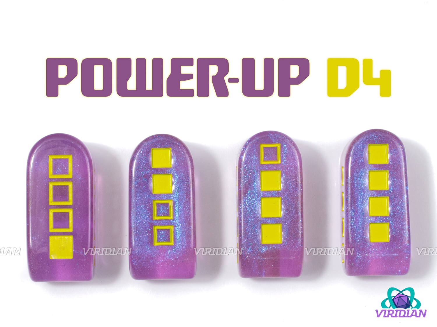 Space Invader Power-Up D4s (Set of 4) | Video Game Power-Up Battery Retro Design, Glittery Purple and Yellow, Modern D4 | Resin Set (4)