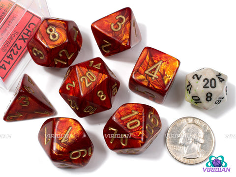 Mega-Hedral Scarab Scarlet/Gold | 22-28mm Giant Red and Gold Swirls | Acrylic Dice Set (7)