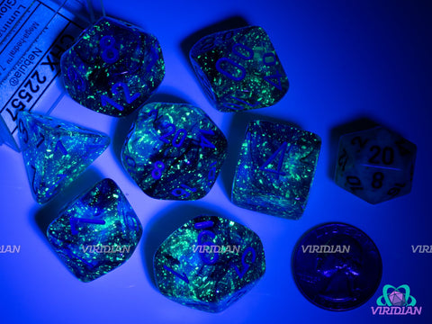 Mega-Hedral Nebula Nocturnal/Turquoise | 22-28mm Giant Purple & Blue Nebulous Swirls, Luminary Effect | Acrylic Dice Set (7)