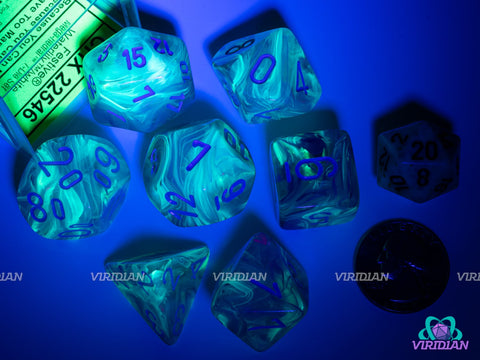 Mega-Hedral Festive Waterlily/White | 22-28mm Giant Blue, Green & Purple Swirls | Acrylic Dice Set (7)