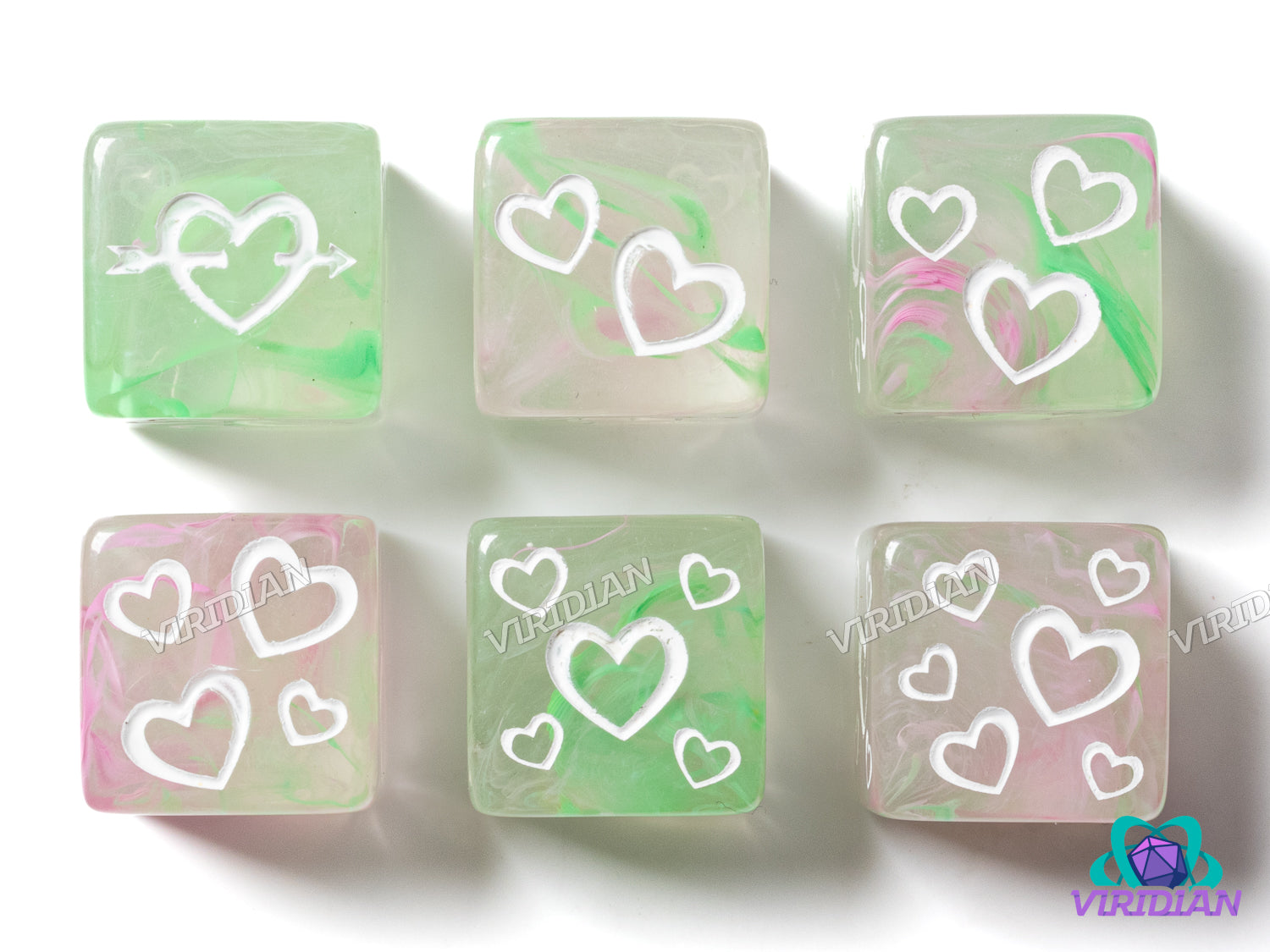 Green & Pink Nebula Heart D6s (Set of 6) | Dice