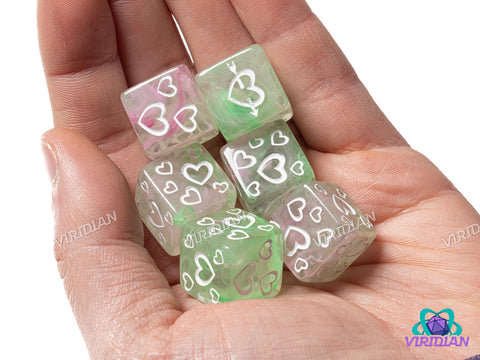 Green & Pink Nebula Heart D6s (Set of 6) | Dice