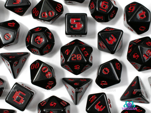 8-Bit Fury | Retro Video Game Font, Shiny Opaque Black and Red | Resin Set (7), Optional Modern Power-Up D4s