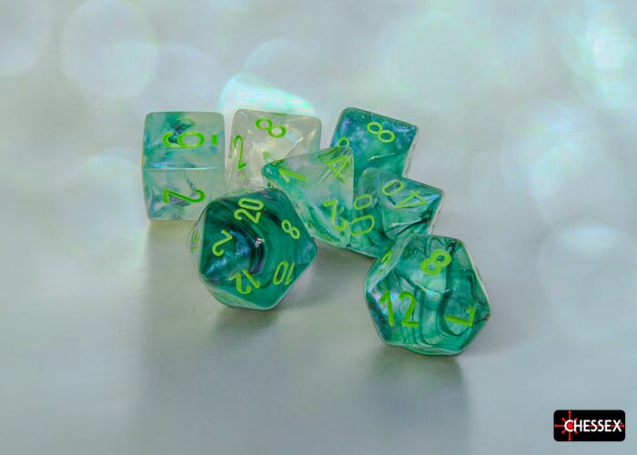 Borealis Kelp Luminary Polyhedral Set | Translucent Dark Green-Teal, Clear Swirls, Green Ink | Acrylic Polyhedral Set (7) | Chessex