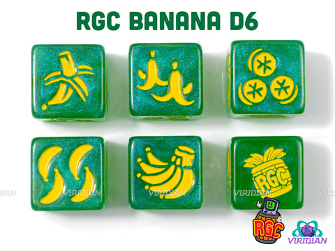 Banana Barrel Roll | RetroGameCon (RGC) 2024 Dice, Syracuse NY Convention | Green & Yellow, Donkey Kong Jungle Inspired/Banana Themed, Galaxy Shimmer | Resin Set (8)