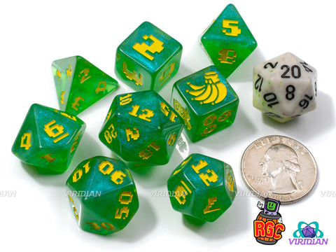 Banana Barrel Roll | RetroGameCon (RGC) 2024 Dice, Syracuse NY Convention | Green & Yellow, Donkey Kong Jungle Inspired/Banana Themed, Galaxy Shimmer | Resin Set (8)