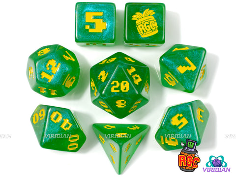 Banana Barrel Roll | RetroGameCon (RGC) 2024 Dice, Syracuse NY Convention | Green & Yellow, Donkey Kong Jungle Inspired/Banana Themed, Galaxy Shimmer | Resin Set (8)