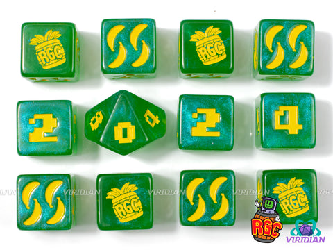 Banana Barrel Roll | RetroGameCon (RGC) 2024 Dice, Syracuse NY Convention | Green & Yellow, Donkey Kong Jungle Inspired/Banana Themed, Galaxy Shimmer | Resin Set (8)