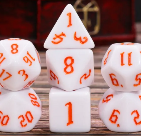 Gothic White & Orange | White Base, Bright Orange Ink | Acrylic Dice Set (7)