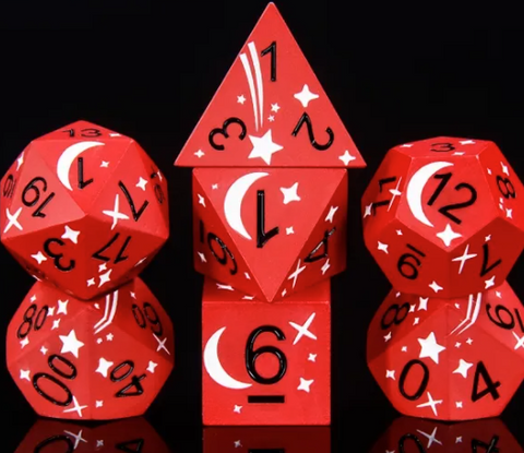Starcrossed (Red w White) | Stars, Moons, Space | Metal Polyhedral Dice (7)