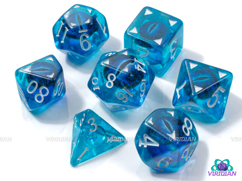 Sapphire Draconis | Dragon Eye Dice, Translucent Blue, Ocean-Blue | Resin Dice Set (7)