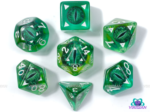 Emerald Draconis | Dragon Eyes Dice, Translucent Green, Deep-Green | Resin Dice Set (7)