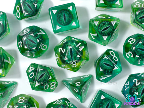 Emerald Draconis | Dragon Eyes Dice, Translucent Green, Deep-Green | Resin Dice Set (7)
