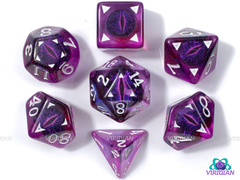 Amethyst Draconis | Dragon Eyes Dice, Translucent Purple, Purple | Resin Dice Set (7)