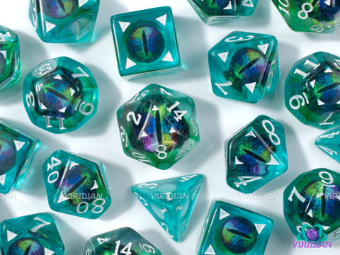 Turquoise Draconis | Multi-Colored Dragon Eye Dice, Translucent Green Teal | Resin Dice Set (7)