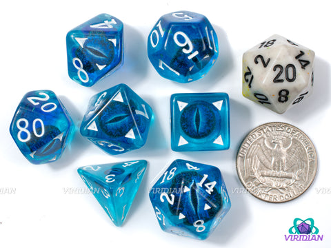 Sapphire Draconis | Dragon Eye Dice, Translucent Blue, Ocean-Blue | Resin Dice Set (7)