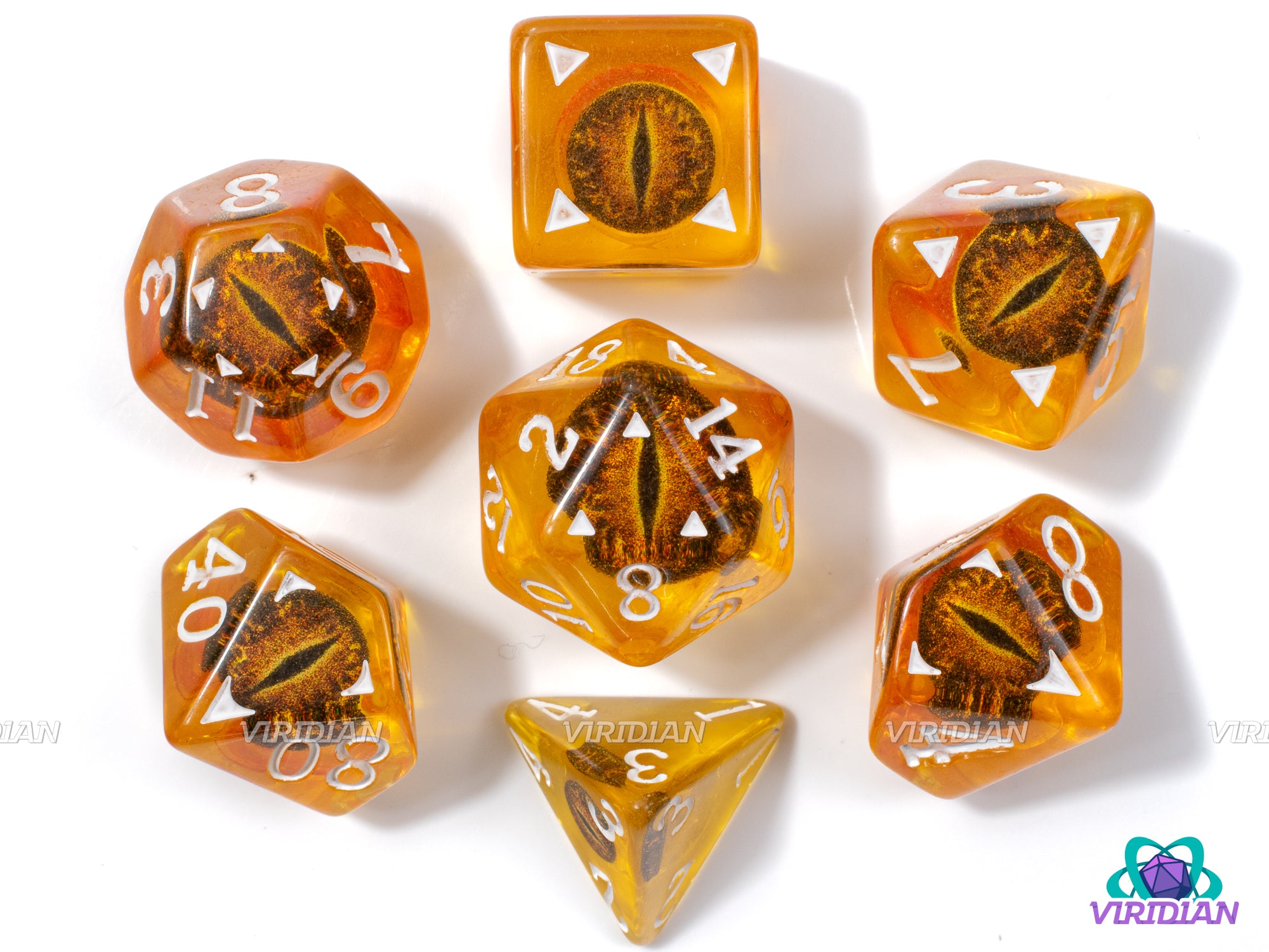 Amber Draconis | Dragon Eyes Dice, Translucent Golden-Orange, Brown | Resin Dice Set (7)