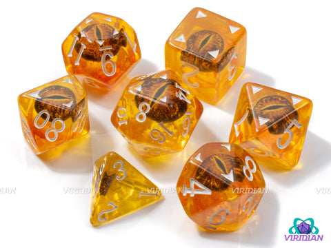 Amber Draconis | Dragon Eyes Dice, Translucent Golden-Orange, Brown | Resin Dice Set (7)