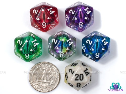 Tiamat's Gaze D20s (Set of 5) | Multicolor Dragon Eye Dice, Translucent D20s, Red Purple Blue Green Teal | Resin D20 Dice Set (5)