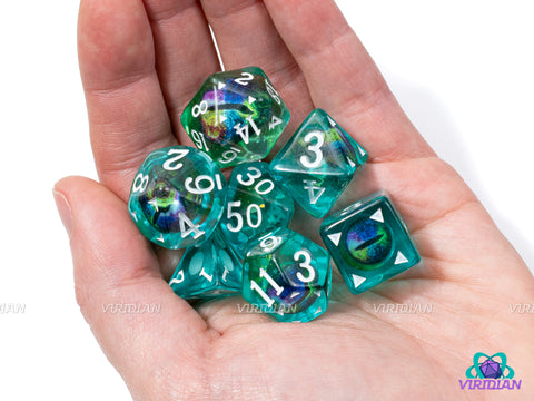 Turquoise Draconis | Multi-Colored Dragon Eye Dice, Translucent Green Teal | Resin Dice Set (7)