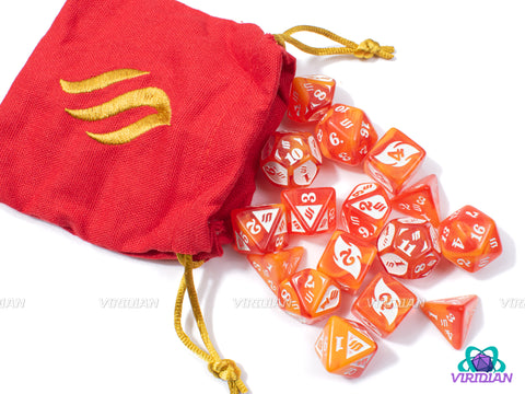 Fire Damage Set  | Glossy Red-Orange and White, Fire Design | Resin Dice Set (20) & Bag