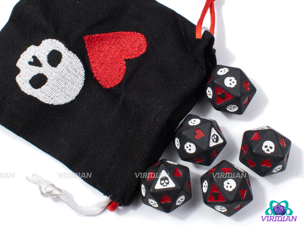 Death Saving Throws (D20 Set) Matte Black, Skulls and Hearts Resin