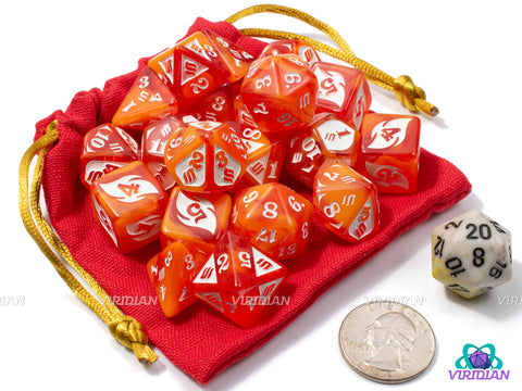 Fire Damage Set  | Glossy Red-Orange and White, Fire Design | Resin Dice Set (20) & Bag