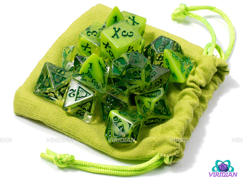Poison Damage Set  | Translucent Green, Skull and Crossbones Designs | Resin Dice Set (18) & Bag