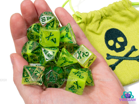 Poison Damage Set  | Translucent Green, Skull and Crossbones Designs | Resin Dice Set (18) & Bag
