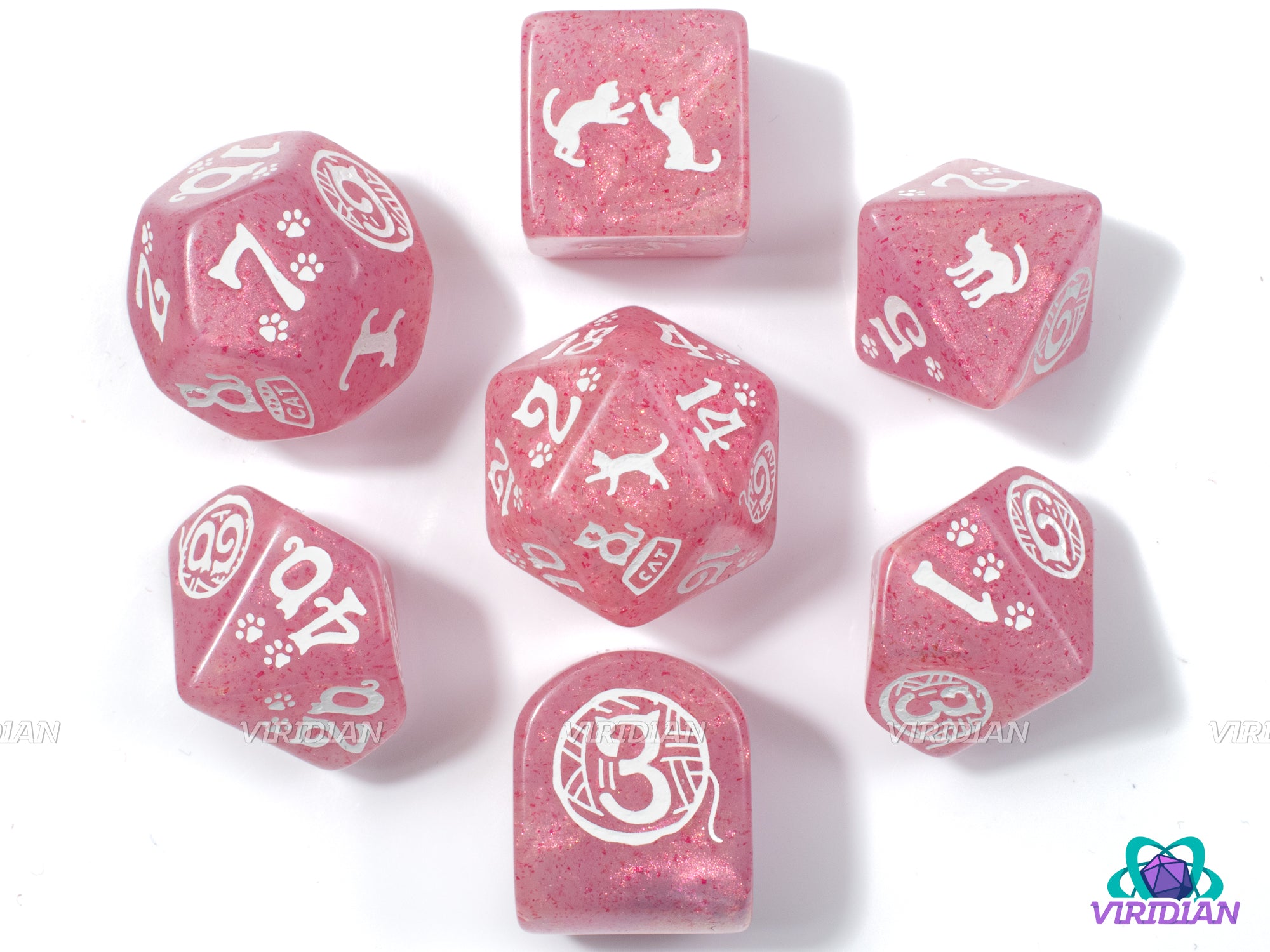 Cats: Daisy | Shimmering Pink and White Cat Themed | Acrylic Dice Set (7)