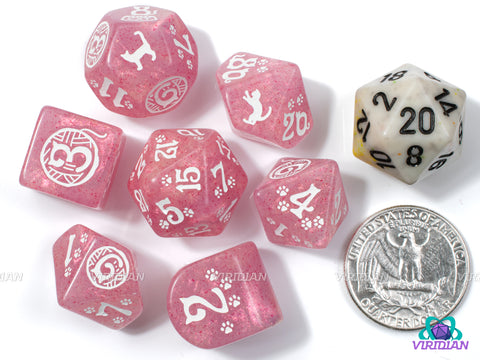 Cats: Daisy | Shimmering Pink and White Cat Themed | Acrylic Dice Set (7)