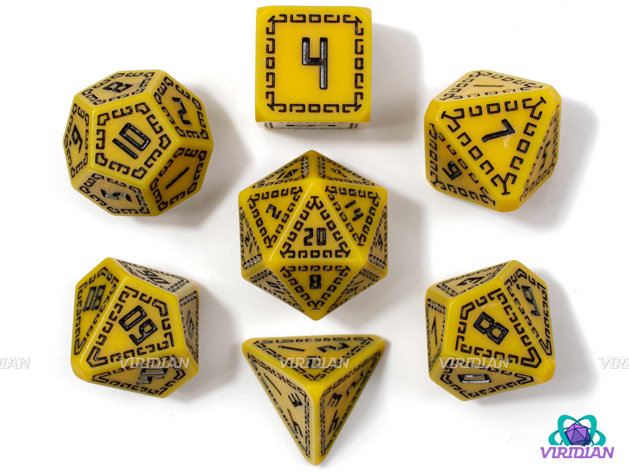Yellow Runes | Yellow, Black Ornate Runic Design | Resin Dice Set (7)